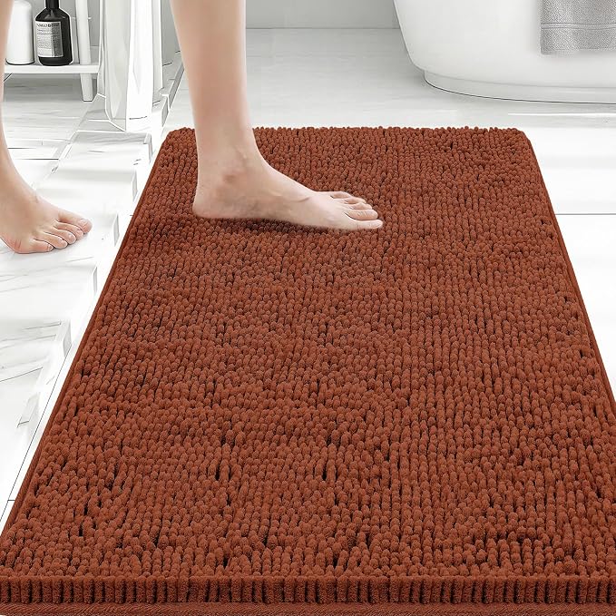 Bcoimo 30x20 Chenille Bath Mat – Non-Slip with Backing Bath Rug Ultra-Absorbent and Machine Washable Bathroom Mat Quick-Dry Design. Ideal for Bathroom Shower and Tub Areas