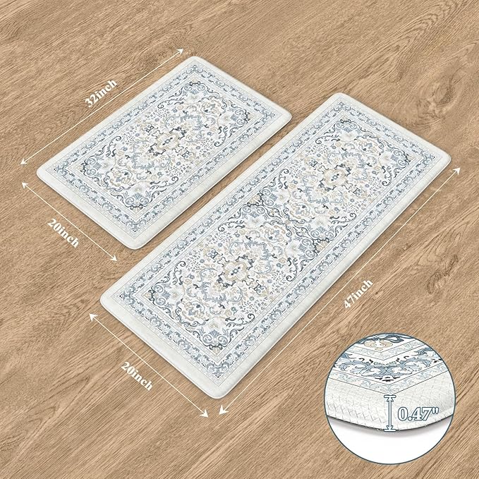 KIMODE Anti Fatigue Mats for Kitchen Floor,Boho Vintage Floral Rugs Sets of 2,Cushioned Carpet Non Slip for Laundry,Wide Memory Foam Runner for Sink Office,Light Blue 20"x47"+20"x32"