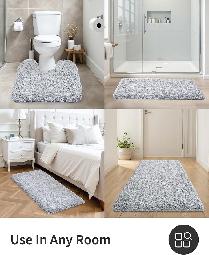 ILANGO Silver Bathroom Rugs 24" × 17" Small Non Slip & Super Absorbent Extra Thick Soft, Washable Bath Mat for Floor, Microfiber Plush Shaggy Bath Rug with Tub for Bathtub Shower Room Sink