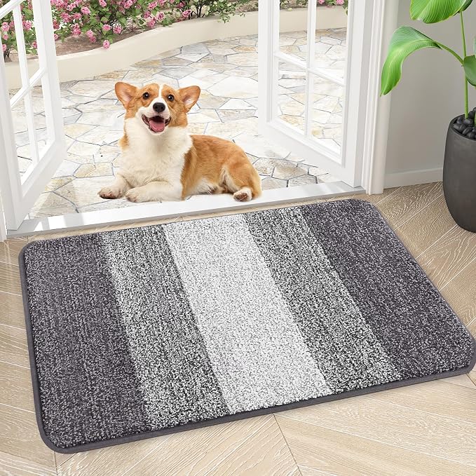 Kitinjoy Indoor Outdoor Door Mat, 30x17 Non-Slip Absorbent Dirt Trapper, Low-Profile Washable Inside Entrance Front Floor Mat, Sturdy Soft Entry Doormats for Entryway, Light Grey