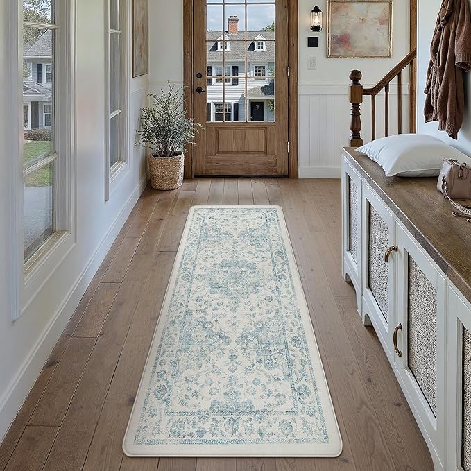 Anti Fatigue Kitchen Mats 2PCS Blue Neutral Mats for Cushioned Vintage Kitchen Matss for Floor Non-Slip Waterproof Comfort Standing Rug for Sink Laundry Office 17.3"×47"+17.3"×30"