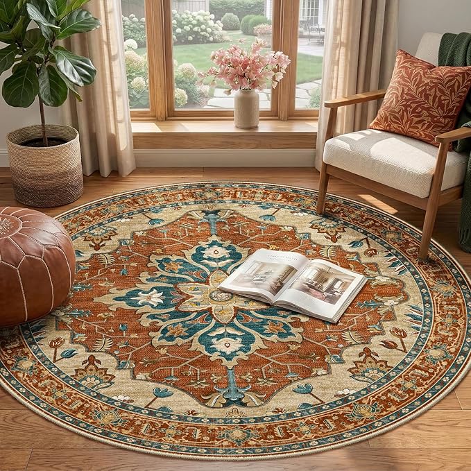 RELEANY Area Rugs Round 4ft Washable Non-Slip, Floral Vintage Distress Medallion Carpet for Living Room Bedroom Dining Room, Red Orange Blue Brown