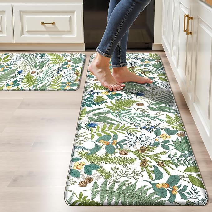 White Green Botanical Kitchen Rugs Set of 2 Plant Leaf Anti-Fatigue Kitchen Mat Natural Comfort Standing Waterproof PVC Mats 2/5" Thick Leather Carpet for Laundry Office Sink(17.3" x28" + 17.3" x 47")