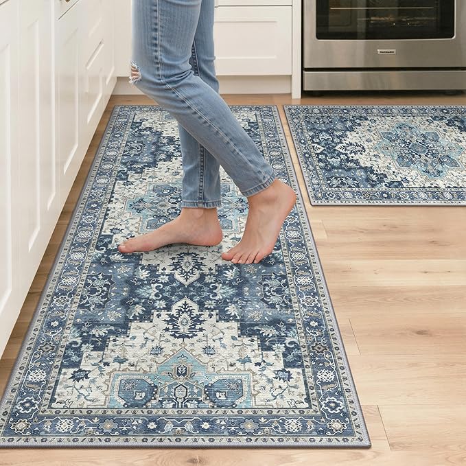 GENIMO Kitchen Rugs Non Slip Washable, 2PCS Kitchen Mats for Floor, Cushioned Standing Mat, Kitchen Runner Rug Floor Mat for Hallway, Laundry, Sink, Entryway, Home, 20"x32"+20"x48", Navy Blue