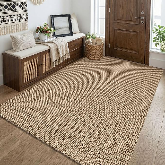KOZYFLY Boho Washable 4x5 Entry Woven Area Rug, Braided Throw Rugs for Entryway, Non Slip Door Mat Indoor Entrance, Farmhouse Carpet for Foyer, Bedroom, Dining, Office, Orange Beige/Tan/Brown