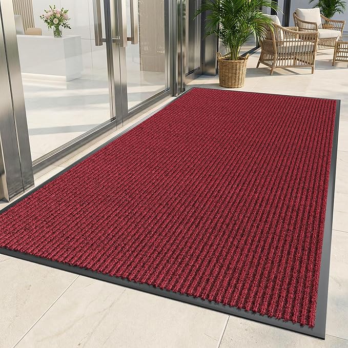 Indoor Outdoor Door Mat, 6' x 4' Doormat for Entryway, Rubber Backing Non Slip Front Door Mat Outside Entrance, Super Absorbent Commercial Floor Mat for Home Office, Red