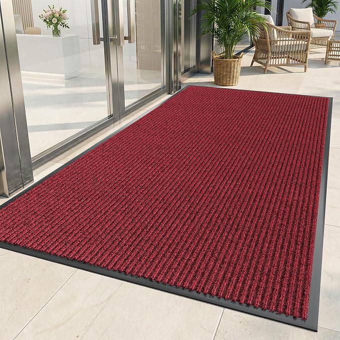 Indoor Outdoor Door Mat, 6' x 3' Doormat for Entryway, Rubber Backing Non Slip Front Door Mat Outside Entrance, Super Absorbent Commercial Floor Mat for Home Office, Red