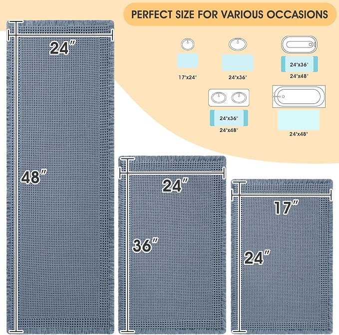 IM HOME Upgrade Waffle Bath Mat Set 3 Piece, Boho Bathroom Rugs Absorbent Non Slip, Soft Bathroom Mats, Machine Washable Knit Bath Rugs with Border for Bathroom, Bedroom, Kitchen, Shower, Tub, Blue