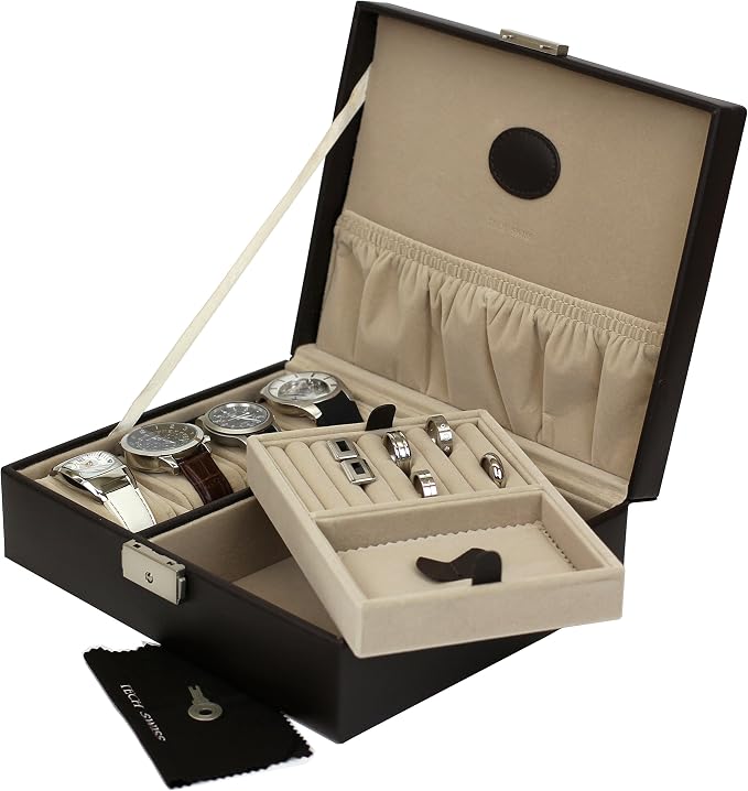 Tech Swiss Valet for Watches Jewelry Cuff links Leather Compact (Brown/Tray)