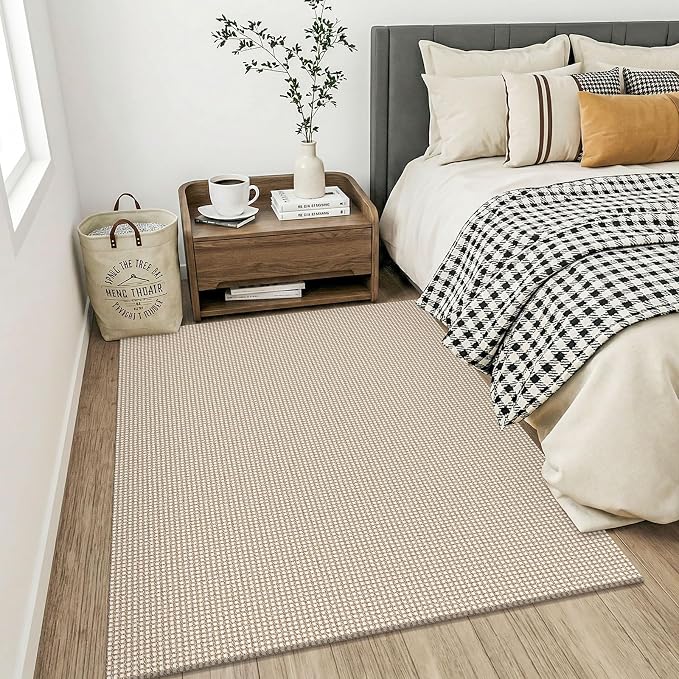 KOZYFLY Washable 4x5 Entry Woven Area Rug, Braided Throw Rugs for Entryway, Non Slip Door Mat Indoor Entrance, Flatweave Carpet for Foyer, Bedroom, Dining, Office, Ivory/Camel/Brown