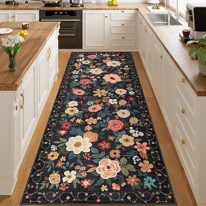DUKINO 3x8 Runner Rug, Washable Rug for Kitchen with Non Slip Backing, Soft Non Shedding & Low Pile Design Long Floor Carpet Runner for Hallway, Bathroom, Entryway, Laundry, Black