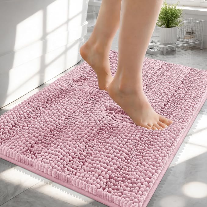 OLANLY Thick Small Bathroom Rugs 24x16, Extra Soft Absorbent Chenille Striped Bath Rugs, Rubber Backing, Machine Wash, Bath Mats for Bathroom Floor, Tub and Shower, Home Decor Accessories, Dusty Rose