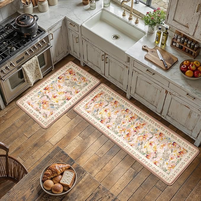 Anti Fatigue Kitchen Mats 2PCS Thick Non Slip Cushioned Rugs Beige Abstract Floral Waterproof Comfort Standing Mats for Floor Sink Laundry Office 17.3"×47"+17.3"×30"