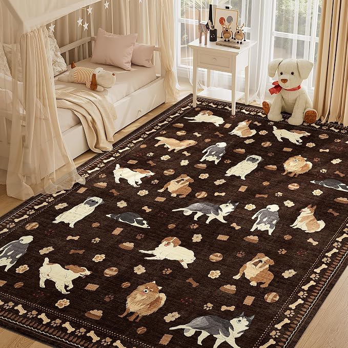 DUKINO 8x10 Area Rug, Non Slip Washable Animal Dog Rug for Living Room, Stain Resistant & Low Pile Indoor Floor Large Carpet for Bedroom, Farmhouse, Nursery, Dining Room, Kids Playroom, Brown