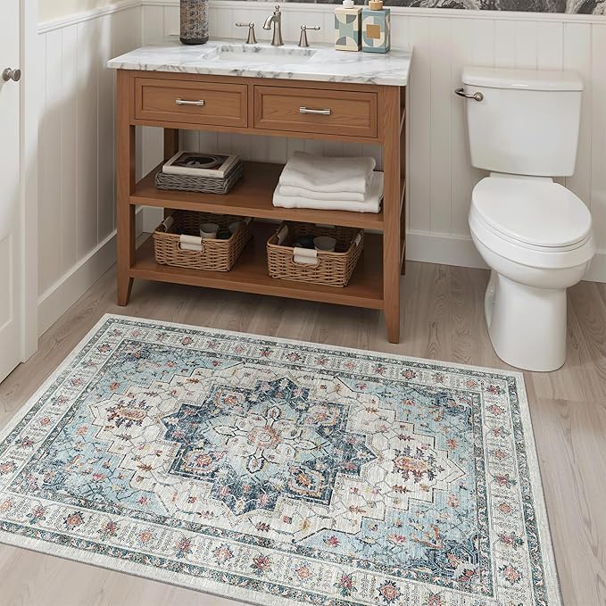 Madane Washable Entry Rug 3x4, Area Rugs for Entryway Kitchen Bathroom Door Mat Indoor Entrance, Vintage Floral Print Office Runner with Non Slip Rubber Backing, Blue