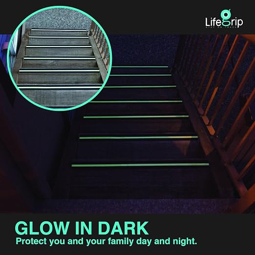 LifeGrip Anti Slip Traction Tape with Glow in Dark Green Stripe, 4 Inch x 15 Feet - Best Grip, Friction, Abrasive Adhesive for Stairs, Tread Step, Indoor and Outdoor, Black (4 inch X 15 feet)
