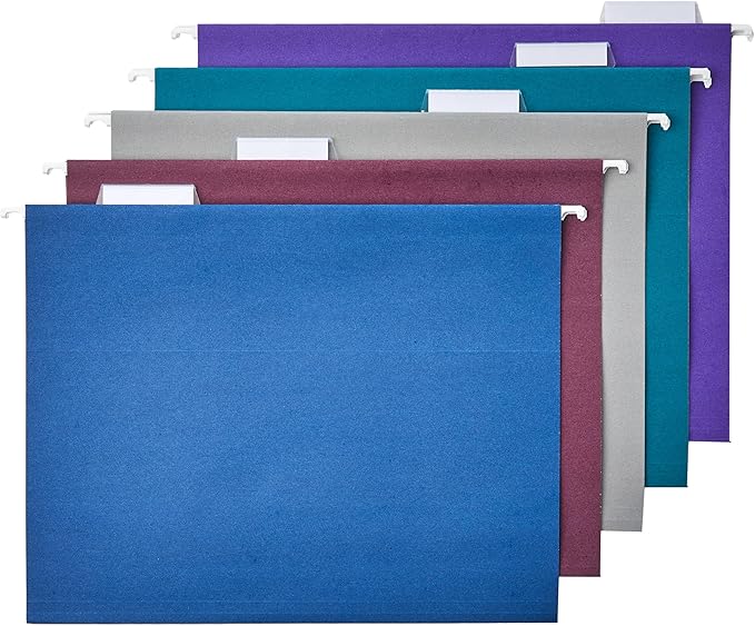Amazon Basics Hanging File Folders with Adjustable Tabs for Document Organization, Letter Size, Assorted Jewel-Tone Colors, 25-Pack