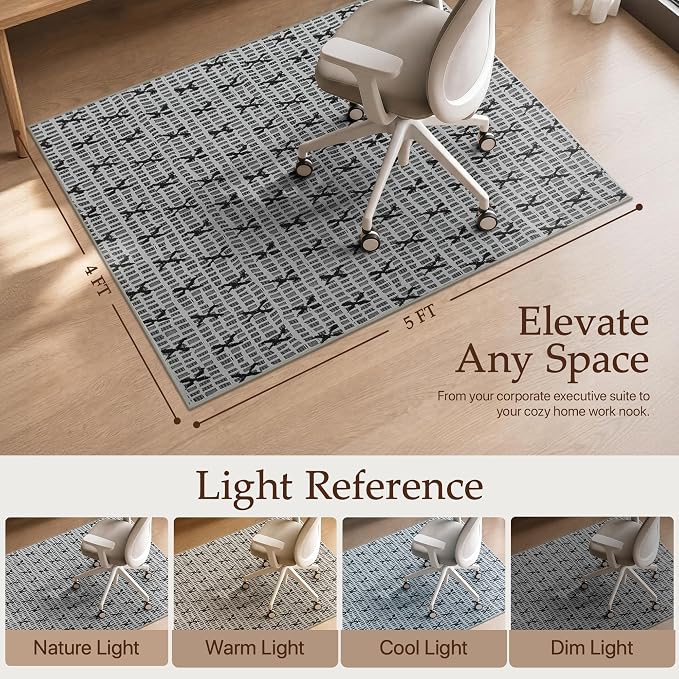48"x60" Office Chair Mat for Hardwood Tile Floor, Under Desk Carpet Protector for Rolling Computer Chair Mat, Machine Washable Area Rug, Anti-Slip 1/5" Thick Low Pile Thin Floor Mat, Birch Grey