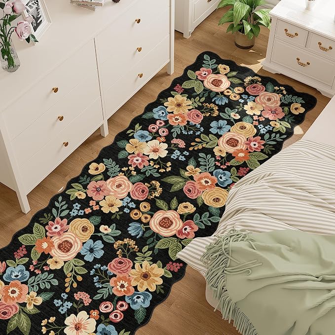 DUKINO 2.6x10 Runner Rug for Hallway, Lightweight Washable Floral Kitchen Rug with Non Shedding, Soft Low Pile & Non Slip Backing Boho Runner for Entryway, Bathroom, Laundry, Bedroom, Black