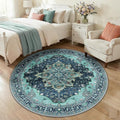 RELEANY Area Rugs Round 5ft Washable Non-Slip, Floral Vintage Distress Medallion Carpet for Living Room Bedroom Dining Room, Teal Green Lake Blue Turquoise