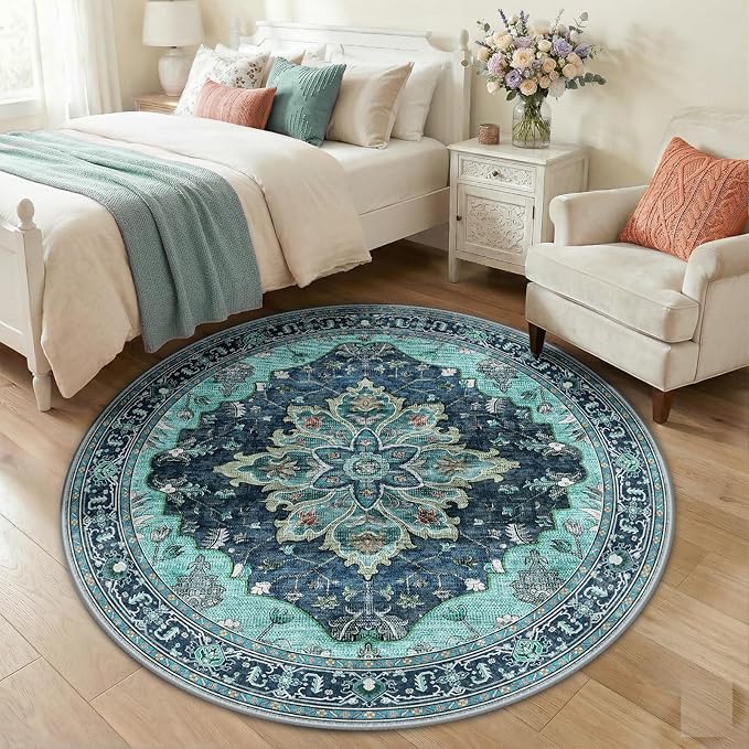 RELEANY Area Rugs Round 5ft Washable Non-Slip, Floral Vintage Distress Medallion Carpet for Living Room Bedroom Dining Room, Teal Green Lake Blue Turquoise