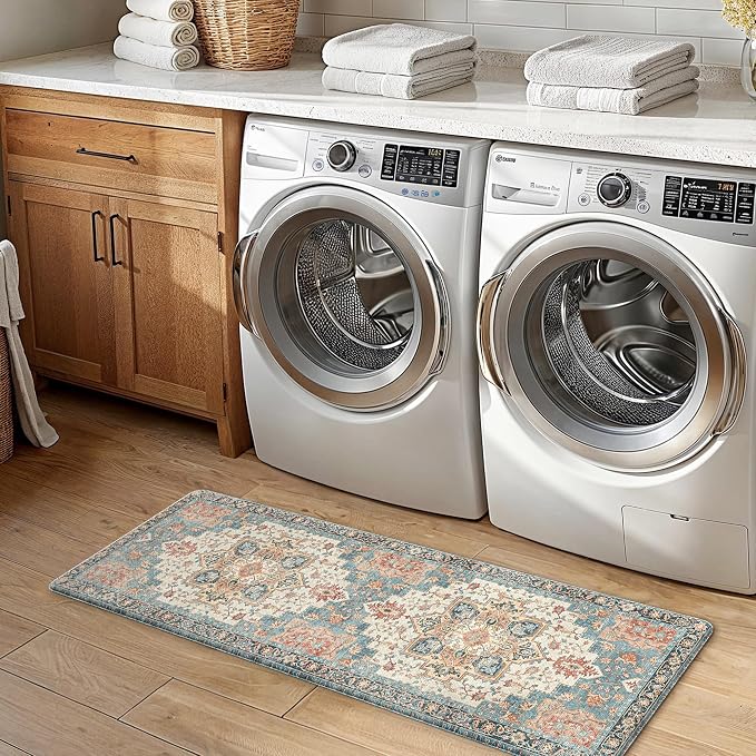 GENIMO Kitchen Mats for Floor 2PCs, Washable Anti Fatigue Mat for Cushioned, 17.3"x47"+17.3"x30", Waterproof Kitchen Rugs, Non Slip Comfort Standing Mat Rug for Home, Sink, Laundry, Blue&Salmon