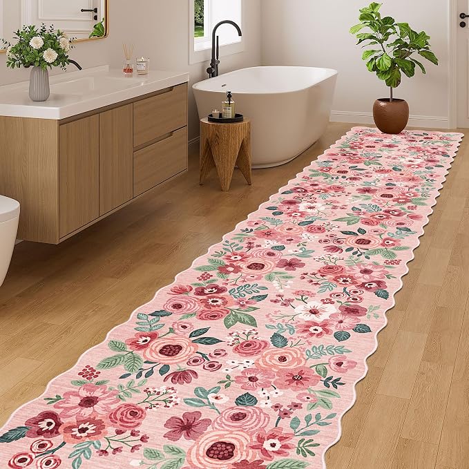 DUKINO Washable 2.6x12 Runner Rug for Hallway, Non Slip Floral Washable Kitchen Rug with Low Pile Design, Boho Stain Resistant Floor Carpet Runner for Entryway, Bathroom, Laundry, Bedroom, Pink