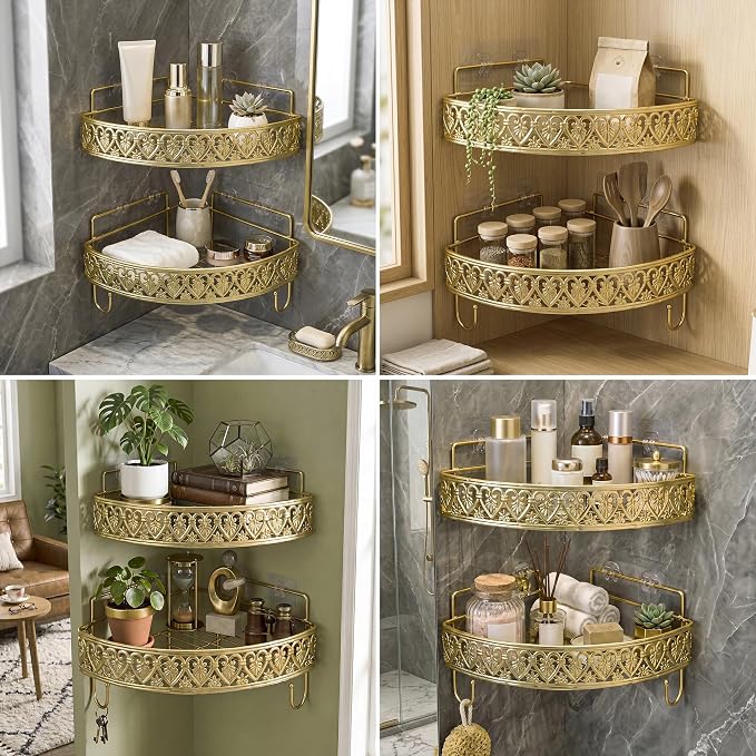 Gold Corner Shower Caddy - 2 Tier No Drilling Adhesive Shower Shelves, Gold Bathroom Shower Organizer with 4 Hooks, Wall Mounted Shower Rack for Inside Shower, Decorative Shower Corner Shelf