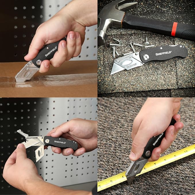 Sheffield Folding Utility Knife, Accepts Standard Utility Knife Blades, Box Cutter Aluminum Handle, Razor Blades Included, For Home, Office, Trades, and Warehouse