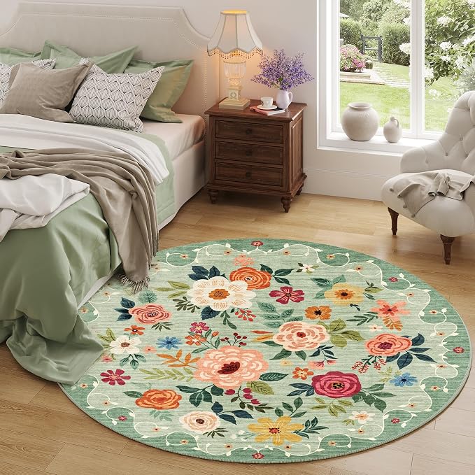 DUKINO Floral Round Rug, 4ft Washable Round Area Rug, Non Slip Indoor Low Pile Circle Rug, Soft Small Boho Design Circle Rug for Bedroom, Entryway, Living Room, Dining Room, Green