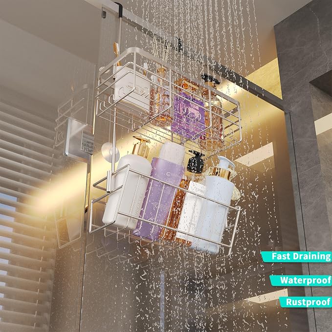 HapiRm Hanging Shower Caddy Organizer - No Drilling Shower Organizer with Inclined Shelf, Rustproof & Waterproof 304 Stainless Steel Bathroom Caddy - Brushed Nickel