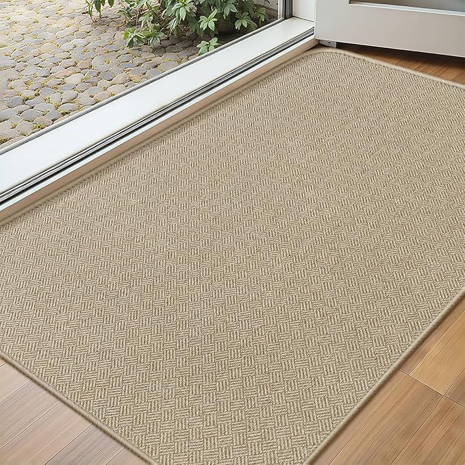 Ultra Thin Door Mat Indoor Entrance 17"x29", Low-Profile Indoor Door Mat, Non Slip Rubber Backing Welcome Entry Mat, Dirt Trapper Entryway Mat Inside Doormat, Khaki