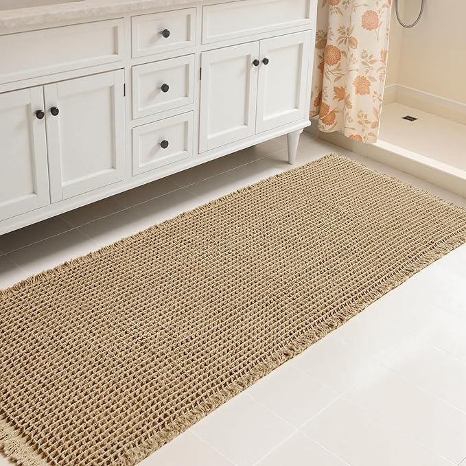 SUBRTEX Waffle Braided Bath Mat, 24" x 60" Soft Waffle Bath Rugs, Absorbent Non Slip Bathrooom Mats, Machine Washable Area Rug for Bathroom, Quick Dry, Khaki