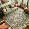 RELEANY Area Rugs Square 6ft Washable Non-Slip, Floral Vintage Distress Medallion Carpet for Living Room Bedroom Dining Room, Terracotta Burnt Orange Green