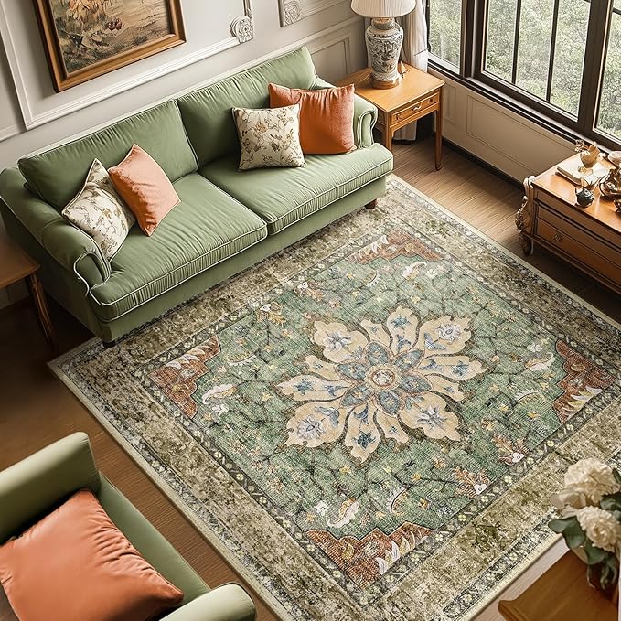 RELEANY Area Rugs Square 8ft Washable Non-Slip, Floral Vintage Distress Medallion Carpet for Living Room Bedroom Dining Room, Terracotta Burnt Orange Green