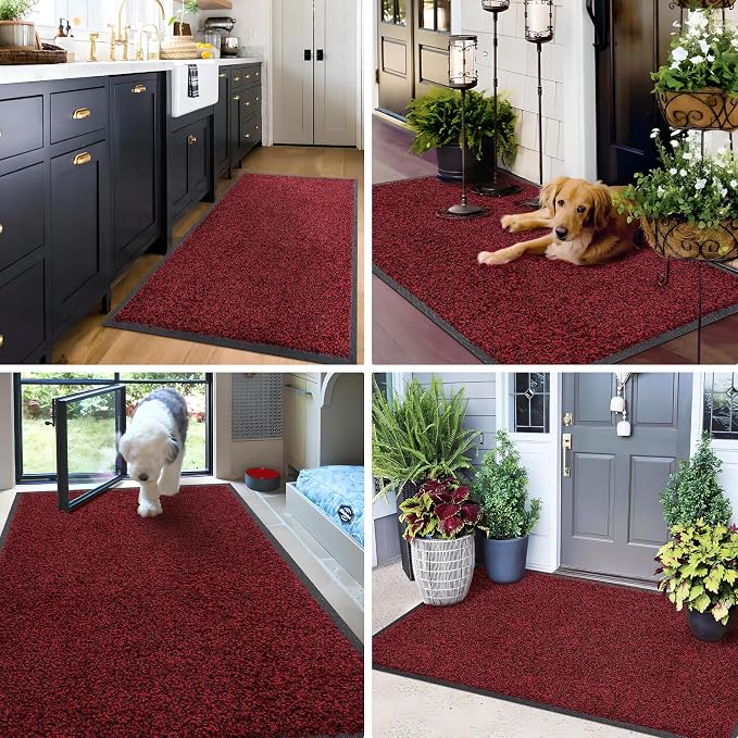 Mibao Front Door Mat Indoor Entrance, 48" x 24", Dirt Trapper Welcome Mat for Outdoor Indoor, Non-Slip Waterproof Doormat, Durable Machine Washable Low Profile Entry Rug for Back Door Outside,Red