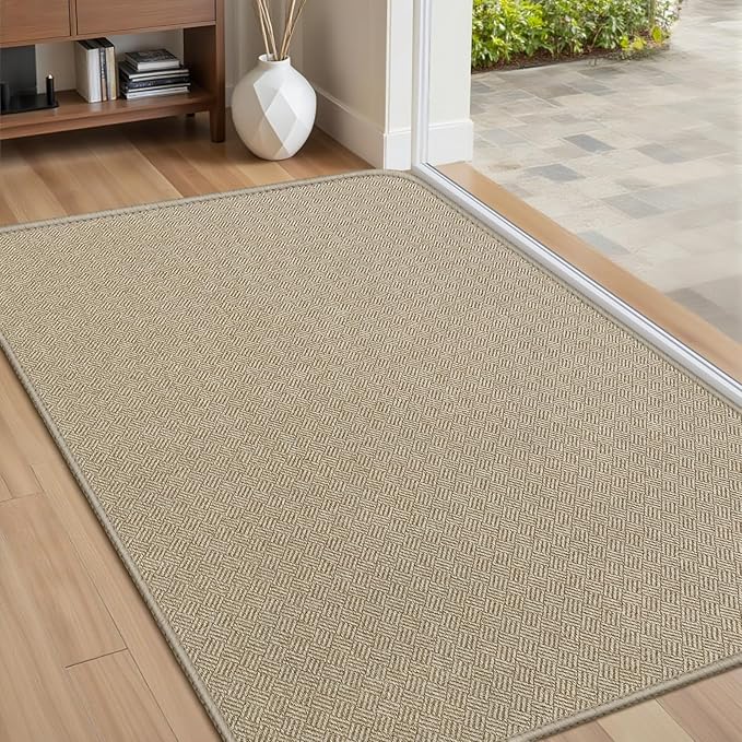 Ultra Thin Door Mat Indoor Entrance 24"x36", Low-Profile Indoor Door Mat, Non Slip Rubber Backing Welcome Entry Mat, Dirt Trapper Entryway Mat Inside Doormat, Khaki