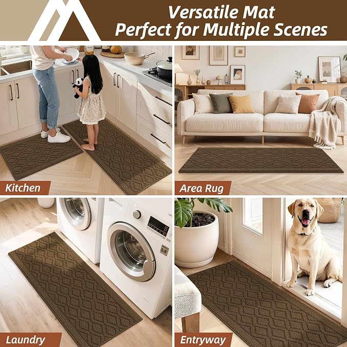 COSY HOMEER 60x24Inch/35X24Inch Kitchen Rugs Sets Non-Slip Washable Kitchen Mats for Floor Polypropylene Absorbent Kitchen Runner for Kitchen Sink Hallway Entryway(Brown)