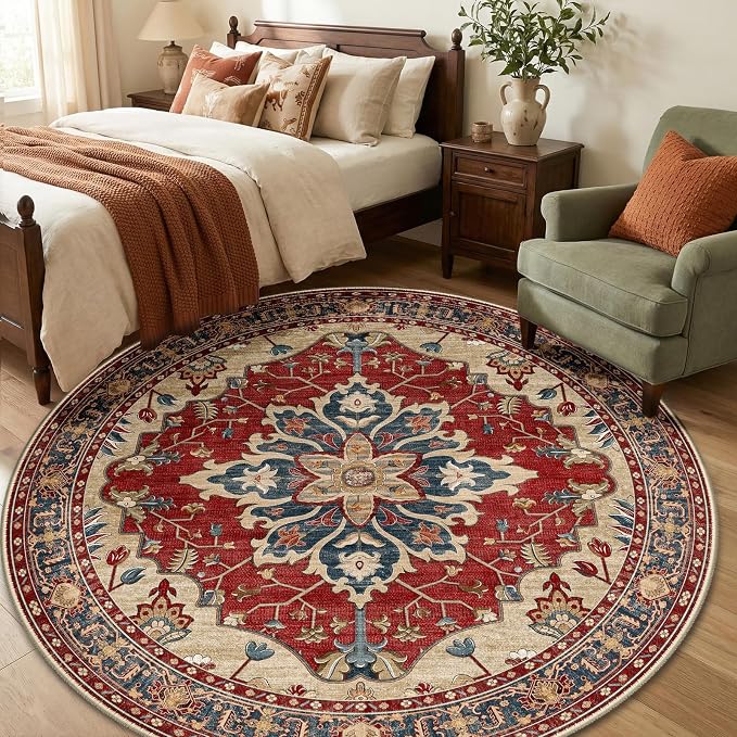 RELEANY Area Rugs Round 6ft Washable Non-Slip, Floral Vintage Distress Medallion Carpet for Living Room Bedroom Dining Room, Red Blue