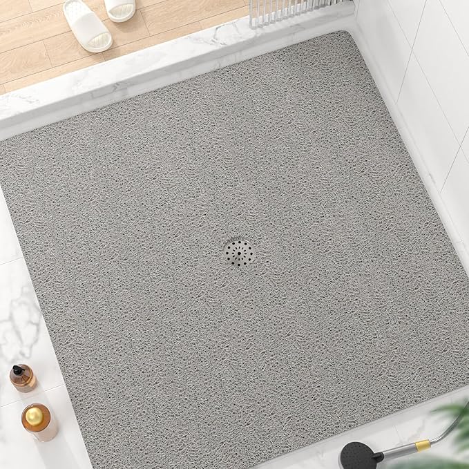 HITSLAM Square Shower Mat, 47 x 47 Inch Non Slip Bath Mat for Tub, Soft PVC Loofah Bathtub Mats with Drain Holes, Quick Drying Bathroom Stall Floor Mat, Bathroom Accessories Without Suction Cup, Grey