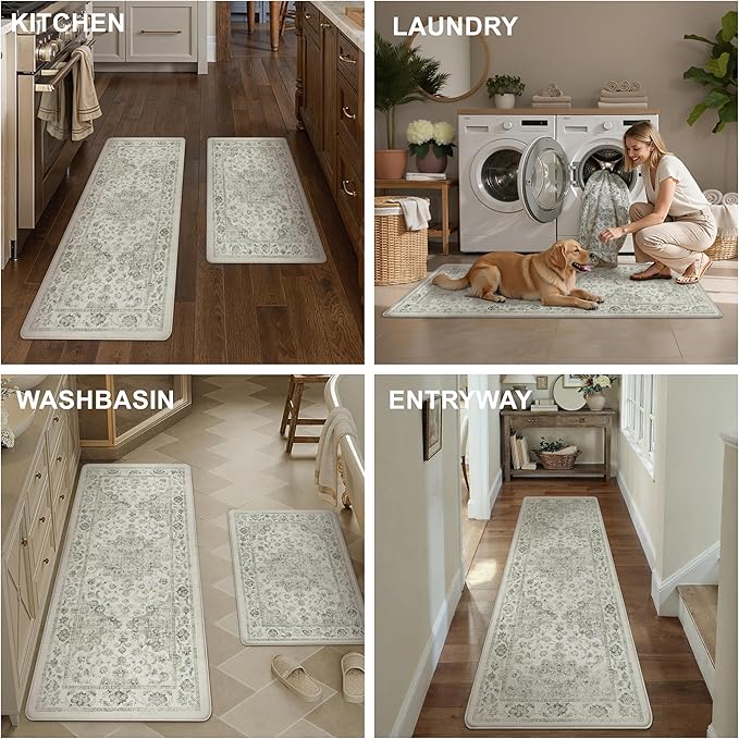 Anti Fatigue Kitchen Mats 2PCS Green Neutral Mats for Cushioned Vintage Kitchen Matss for Floor Non-Slip Waterproof Comfort Standing Rug for Sink Laundry Office 17.3"×47"+17.3"×30"