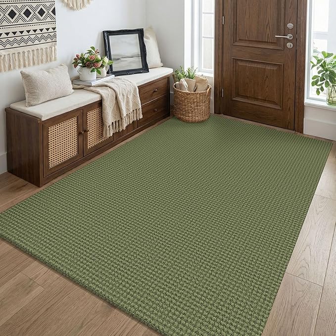 KOZYFLY Washable 4x5 Entry Woven Area Rug, Braided Throw Rugs for Entryway, Non Slip Door Mat Indoor Entrance, Flatweave Carpet for Foyer, Bedroom, Dining, Office, Olive Green/Earthy Green