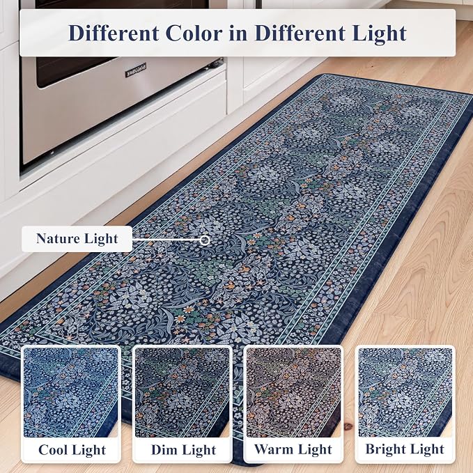 Collive Kitchen Mats for Floor 2PCS, Cushioned Anti Fatigue Rugs Non Slip Waterproof Kitchen Sink Mat, Dark Blue Floral Standing Mat for Bar, Office, Desk, Home Decor, 20" x 47" + 20" x 32"