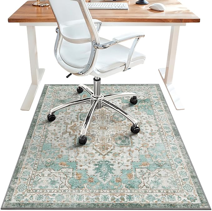 48"x72" Office Chair Mat for Hardwood Tile Floor, Under Desk Carpet Protector for Rolling Computer Chair Mat, Machine Washable Area Rug, Anti-Slip 1/5" Thick Low Pile Thin Vinyl Floor Mat, Cyan