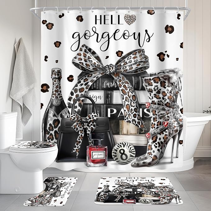 4Pcs White Black Leopard Shower Curtain Set,Cheetah Fashion Luxury Magazine Books Perfume High Heels Bathroom Curtain with Rug, Toilet Lid Cover, Bath Mat,Girls Shower Curtain with 12 Hooks