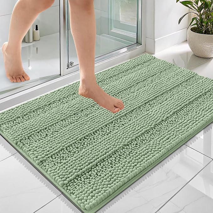 OLANLY Thick Bathroom Rugs 36x24, Extra Soft Absorbent Chenille Striped Bath Rugs, Rubber Backing, Machine Wash Dry, Bath Mats for Bathroom Floor, Tub and Shower, Home Decor Accessories, Sage Green