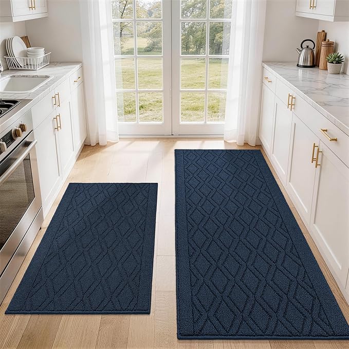 COSY HOMEER 60x24Inch/35X24Inch Kitchen Rugs Sets Non-Slip Washable Kitchen Mats for Floor Polypropylene Absorbent Kitchen Runner for Kitchen Sink Hallway Entryway(Navy Blue)