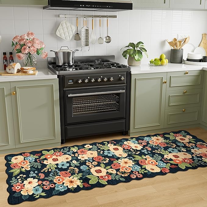 DUKINO 2x10 Runner Rug for Hallway, Washable Kitchen Rug with Non Slip Backing & Non-Shediing, Soft Low Pile Floral Design Runner for Bedroom, Kithchen, Living Room, Laundry, Bathroom, Navy Blue