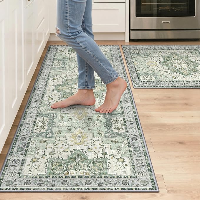GENIMO Kitchen Rugs Non Slip Washable, 2PCS Kitchen Mats for Floor, Cushioned Standing Mat, Kitchen Runner Rug Floor Mat for Kitchen Decor, Laundry, Sink, Entryway, Home, 20"x32"+20"x48", Light Green