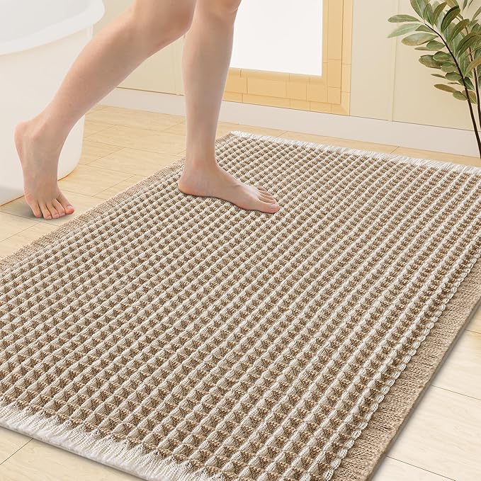Smiry Waffle Bath Mat 40x32, Extra Soft Absorbent Bathroom Rugs, Non Slip Machine Washable Quick Dry Bath Rugs for Bathroom Floor, Tub, Shower, Home Decor Accessories, Brown & Cream